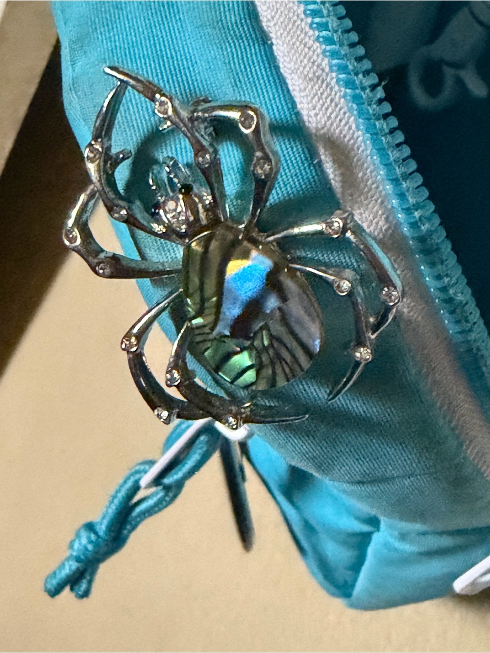 Silver Tone Spider Brooch with Iridescent Abalone Accent - Green/Blue